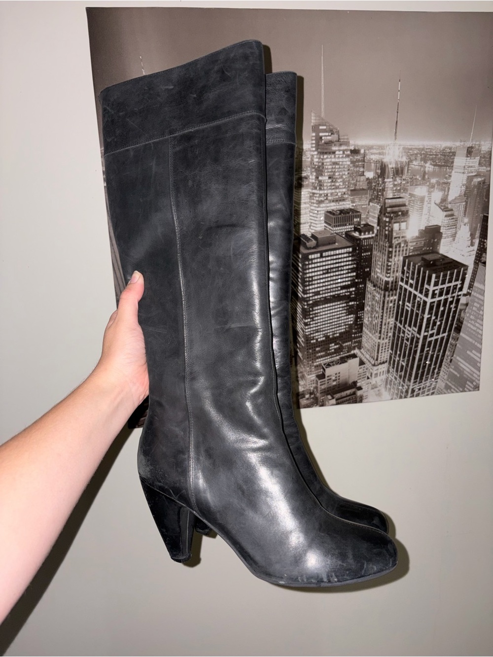 Chinese Laundry Black Leather Knee-High Heeled Boots